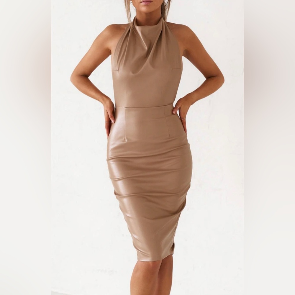 BACKLESS MIDI DRESS - LEATHER MATTE TAN by Jaus; XS